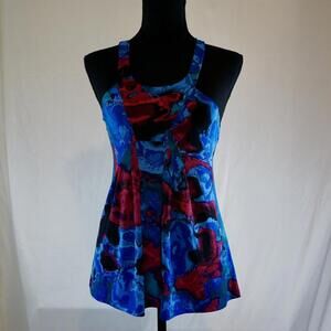 Women's blue, pink and teal abstract print stretchy tank top